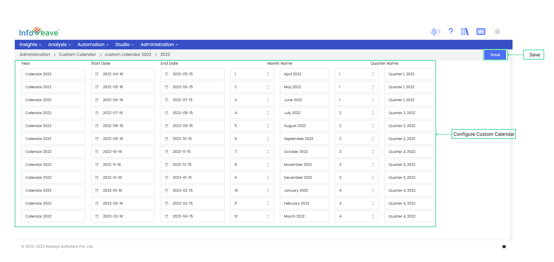 Configure Custom Calendar